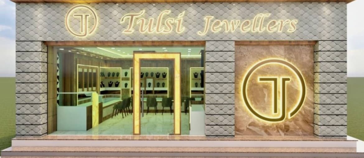 Tulsi Jewellers luxury boutique facade in Ahmedabad at twilight